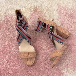 Jessica Simpson blue and orange cork shoes.
